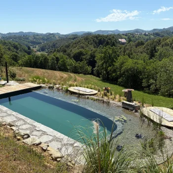 Naturpool mit Blick auf den Wald Berge, vereinzelt Häuser